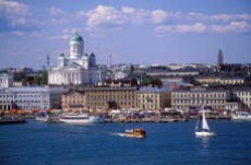 Finland, Helsinki, Waterfront view showing St Nicholas Cathedral